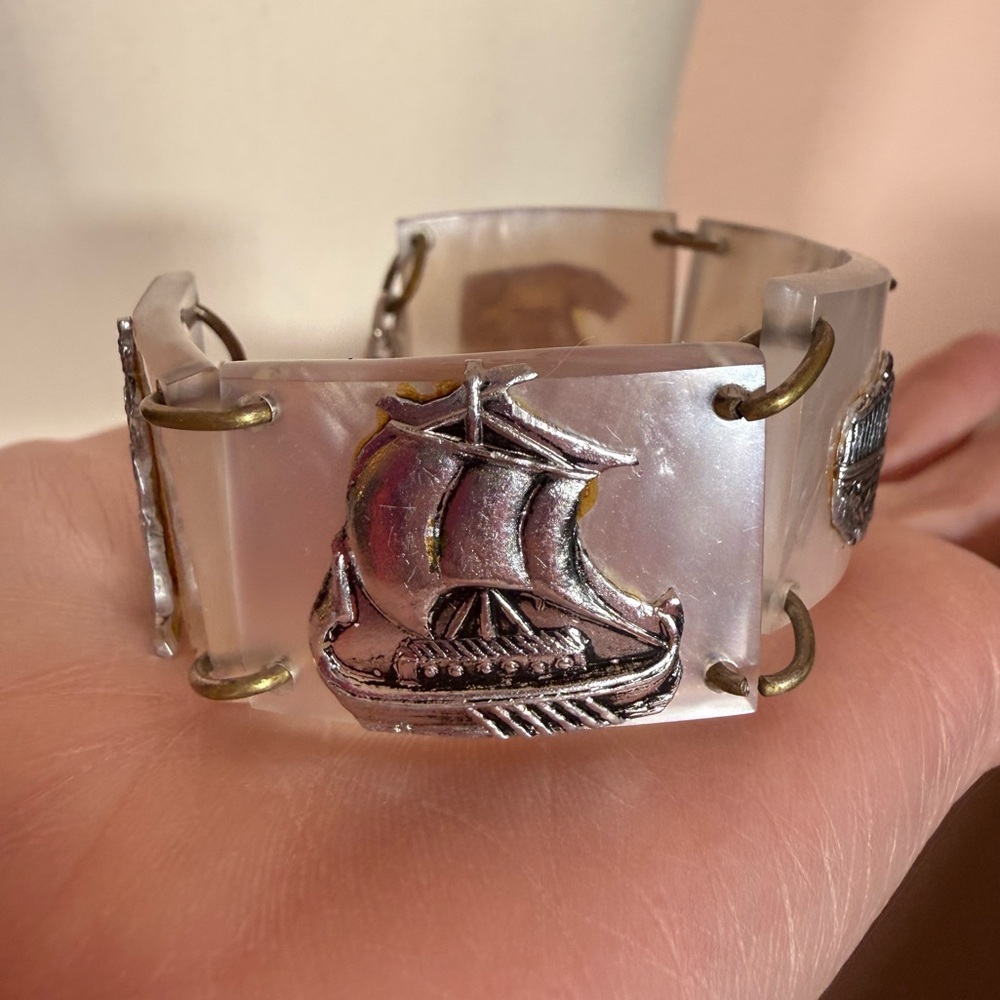 Vintage Clear lucite faux MOP Greek mythology Wide Panel Bracelet 1970's travel